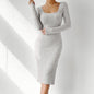 Square Collar Long Sleeve Hem Slit Slimming Dress