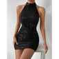 European And American Style Women Halter Pleated Sequins Tight Dress