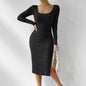 Square Collar Long Sleeve Hem Slit Slimming Dress