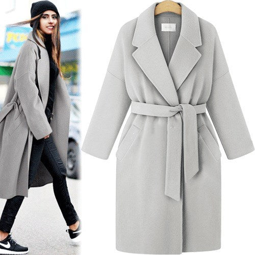 European and American winter new style plus size women's pure color lace-up windbreaker loose coat long woolen coat women