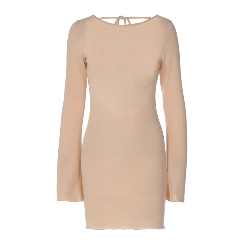 Solid Color Ribbed Long Sleeve Sexy Backless Slim Fit Dress