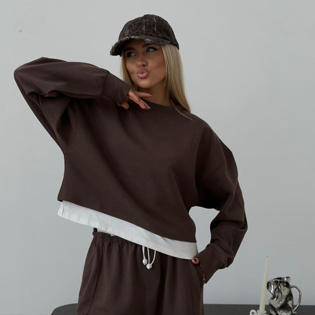 Solid Color Long Sleeve Round Neck False Two Pieces Sweater Suit Women