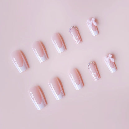 Mid-length French Style Bow Colorful Crystals Wear Nail Sticker