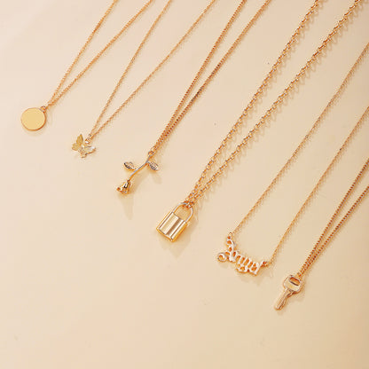 fashion jewelry Multi-layer Creative Simple Lock Rose Pendant Necklace Suit