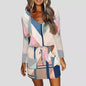 Striped Print Long Sleeve V-Neck Drawstring Dres