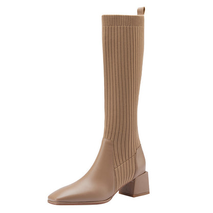 Retro Women's Autumn And Winter Thick-heeled Knit Slimming Boots