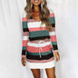 Striped Print Long Sleeve V-Neck Drawstring Dres