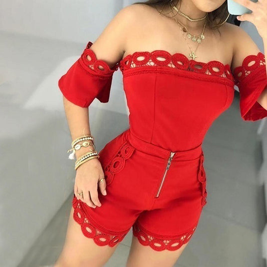 Off-the-shoulder lace two-piece suit