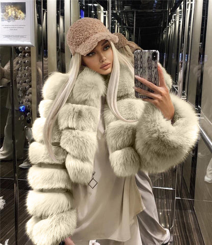Lapel Imitation Fox Fur Long Sleeve Stitching Women's Light Luxury