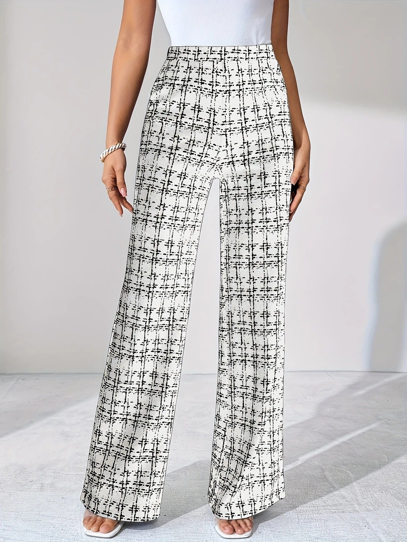 Woven Plaid High Waist Straight Women's Pants