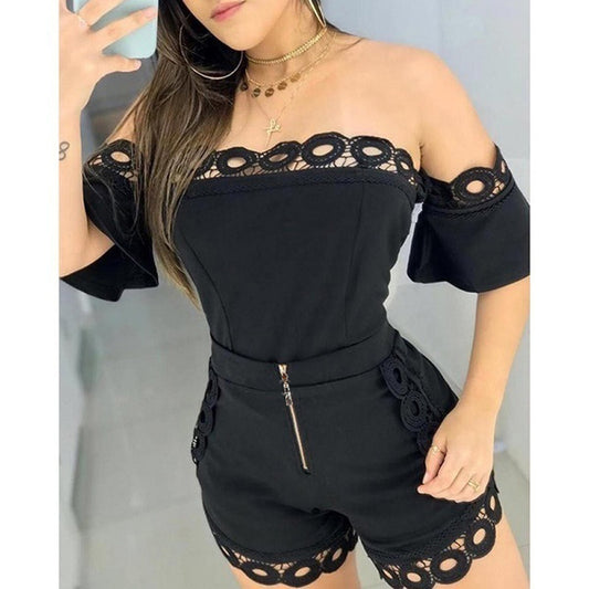 Off-the-shoulder lace two-piece suit