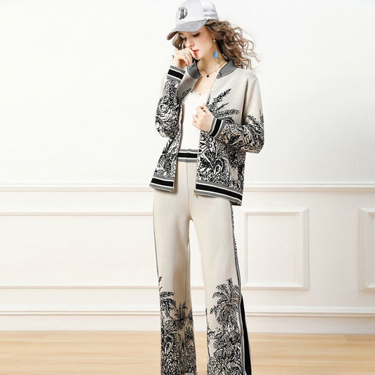 Qin Knit Cardigan Sweater Fashion Wide-leg Pants Two-piece Suit
