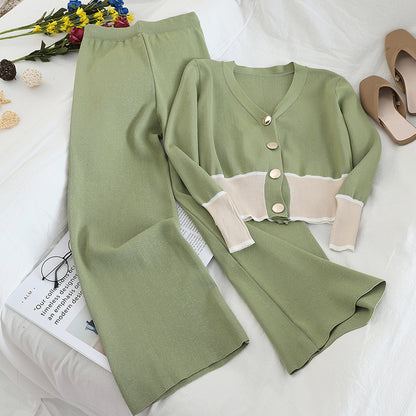 V-neck Cardigan Wide-leg Pants Sweater Set
