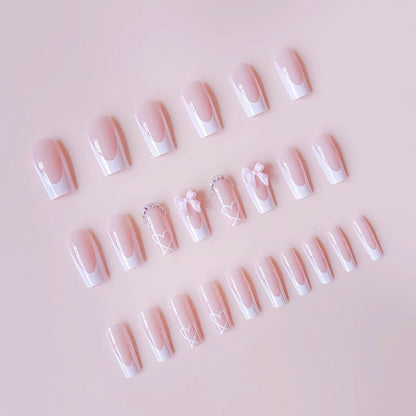 Mid-length French Style Bow Colorful Crystals Wear Nail Sticker