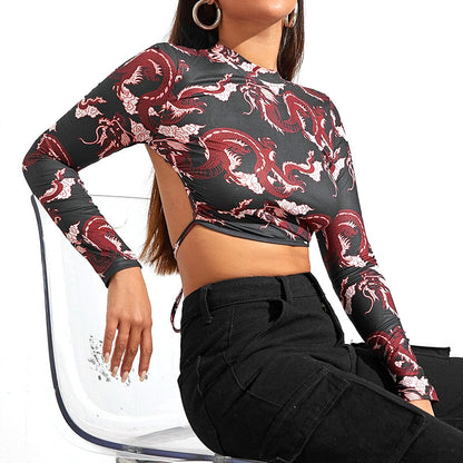 European And American Backless Lace-up Long-sleeved T-shirt Women