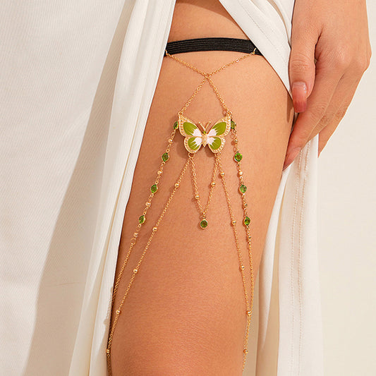 Elastic Band Leg Bracelet Green Painted Butterfly