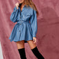 Leather jacket thinned lace waist PU leather long-sleeved dress