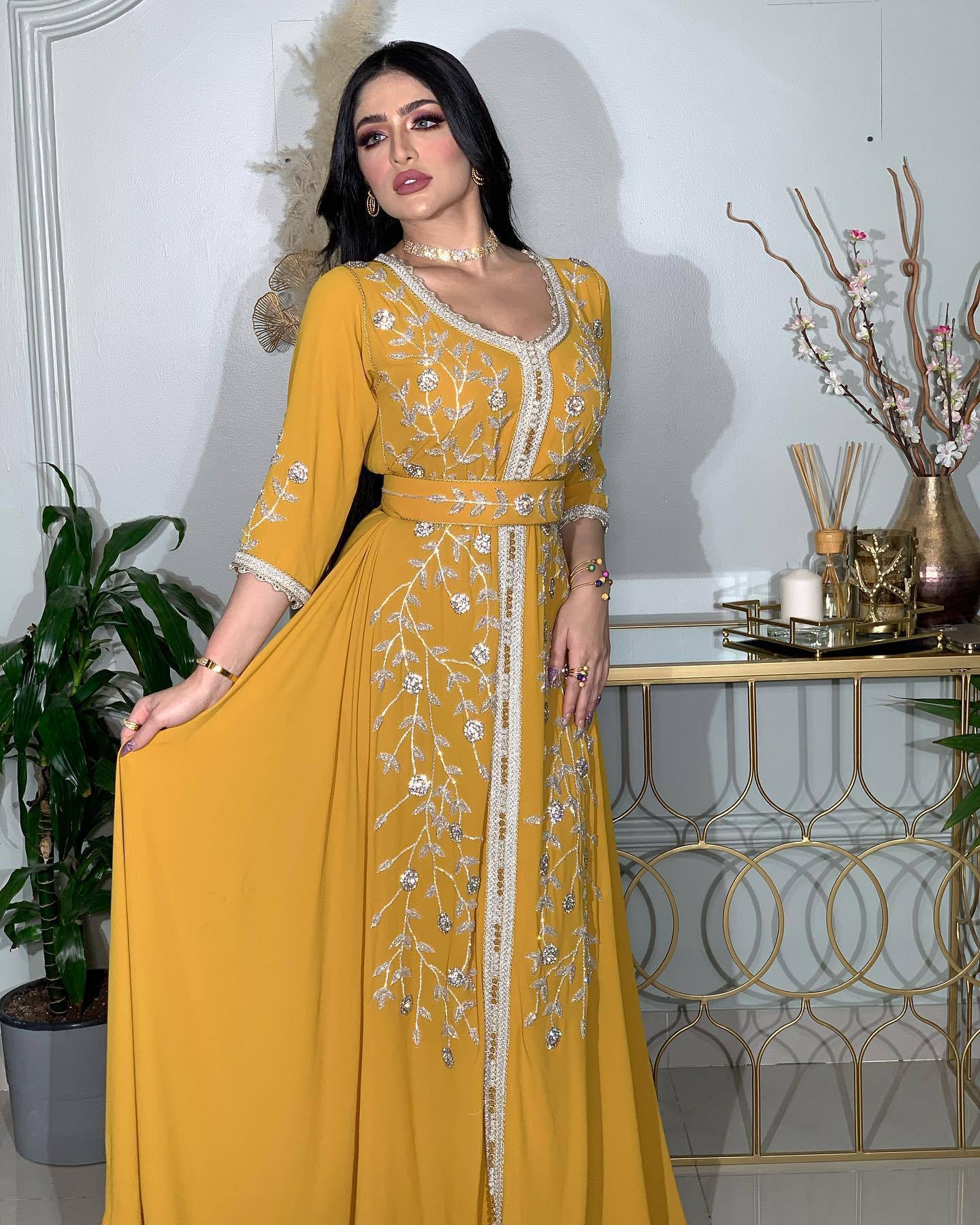 Women's Middle East Hot Fix Rhinestone Kraft Tan Robe Gown