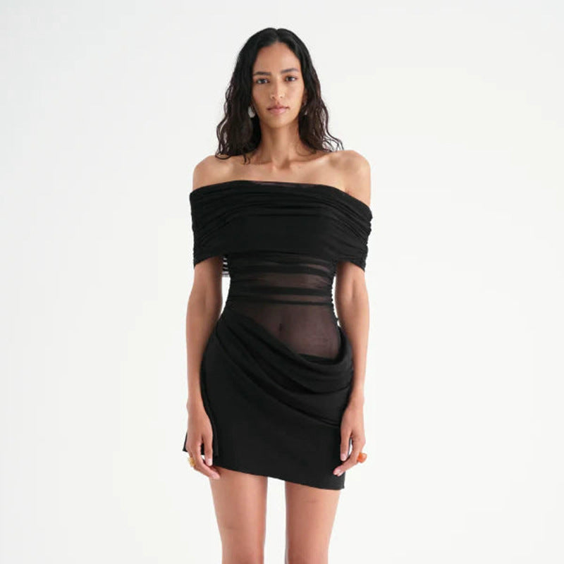 Summer New Sexy Off-shoulder Mesh Slim Fit Patchwork Dress
