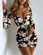 Long-sleeved Square Neck Sexy Low-cut Slim-fit Buttocks Printed Dress