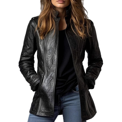 Women's Stand Collar Long Sleeve Distressed Fashion Leather Jacket Coat