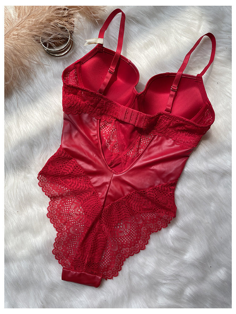 Women's Simple Leather Sexy Lace Bodysuit