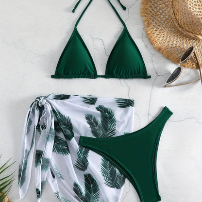 Bikini Three-piece Swimsuit Solid Color Swimsuit Printed Gauze Skirt