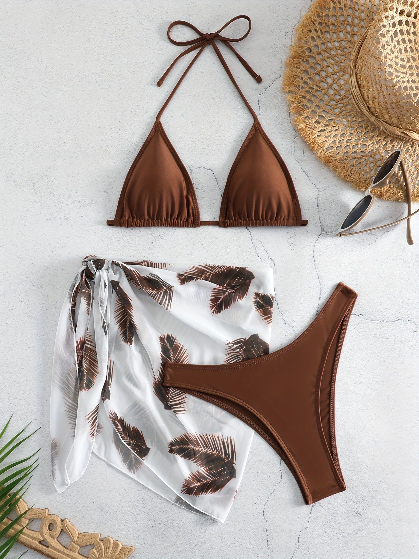 Bikini Three-piece Swimsuit Solid Color Swimsuit Printed Gauze Skirt