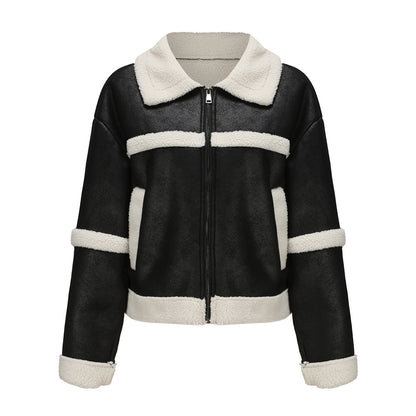 Suede Women's Fashionable Warm Fleece Leather Jacket
