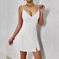 V-neck Sexy Fashion Suspenders Solid Color Sleeveless Waist Dress