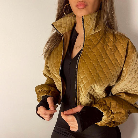 Diamond Plaid Stand Collar Zipper Short Jacket Temperament