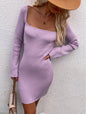 Female Slingback Square Collar Long Sleeve Dress Sweater