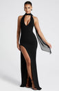 Women's Sexy Halter Deep V Lace-up Backless High-cut Split Solid Color Dress