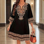 Women's V-Neck Middle Eastern Style Floral Print Midi Dress - Elegant Sleeve Design Lightweight Perfect For Spring&Summer Vacation & Daily Wear