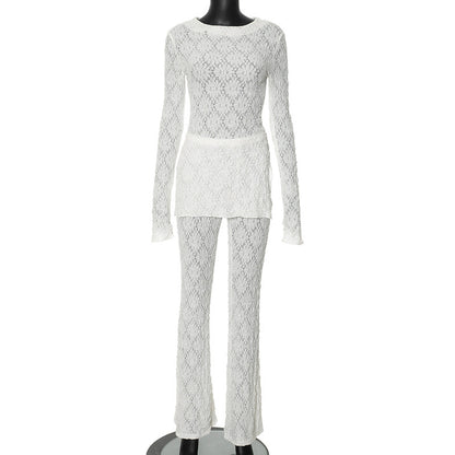 Solid Color Round Neck Long Sleeve Top High Waist Pants Suit
