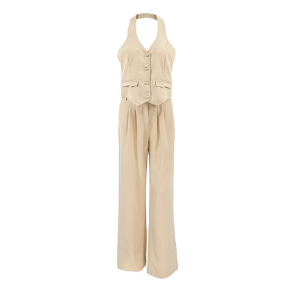 Black Halter Two-piece Vest Set Women