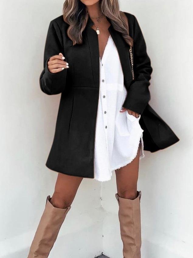 Clean Color Slim Long Sleeve Pocket Woolen Women's Coat
