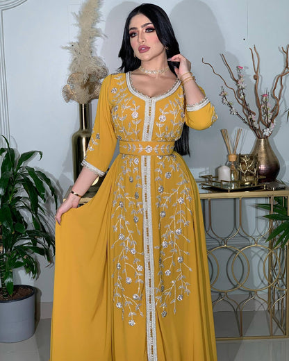 Women's Middle East Hot Fix Rhinestone Kraft Tan Robe Gown