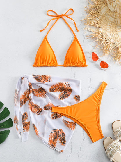 Bikini Three-piece Swimsuit Solid Color Swimsuit Printed Gauze Skirt