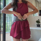 Solid Color Summer Elegance Sleeveless Top Round Neck Stitching One-piece Culotte
