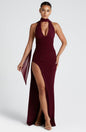 Women's Sexy Halter Deep V Lace-up Backless High-cut Split Solid Color Dress