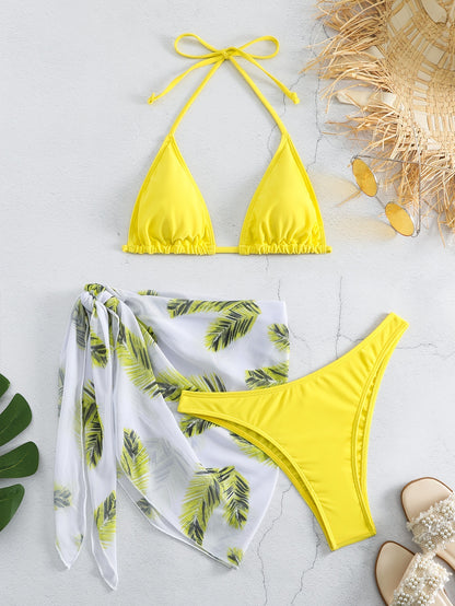 Bikini Three-piece Swimsuit Solid Color Swimsuit Printed Gauze Skirt