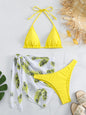 Bikini Three-piece Swimsuit Solid Color Swimsuit Printed Gauze Skirt